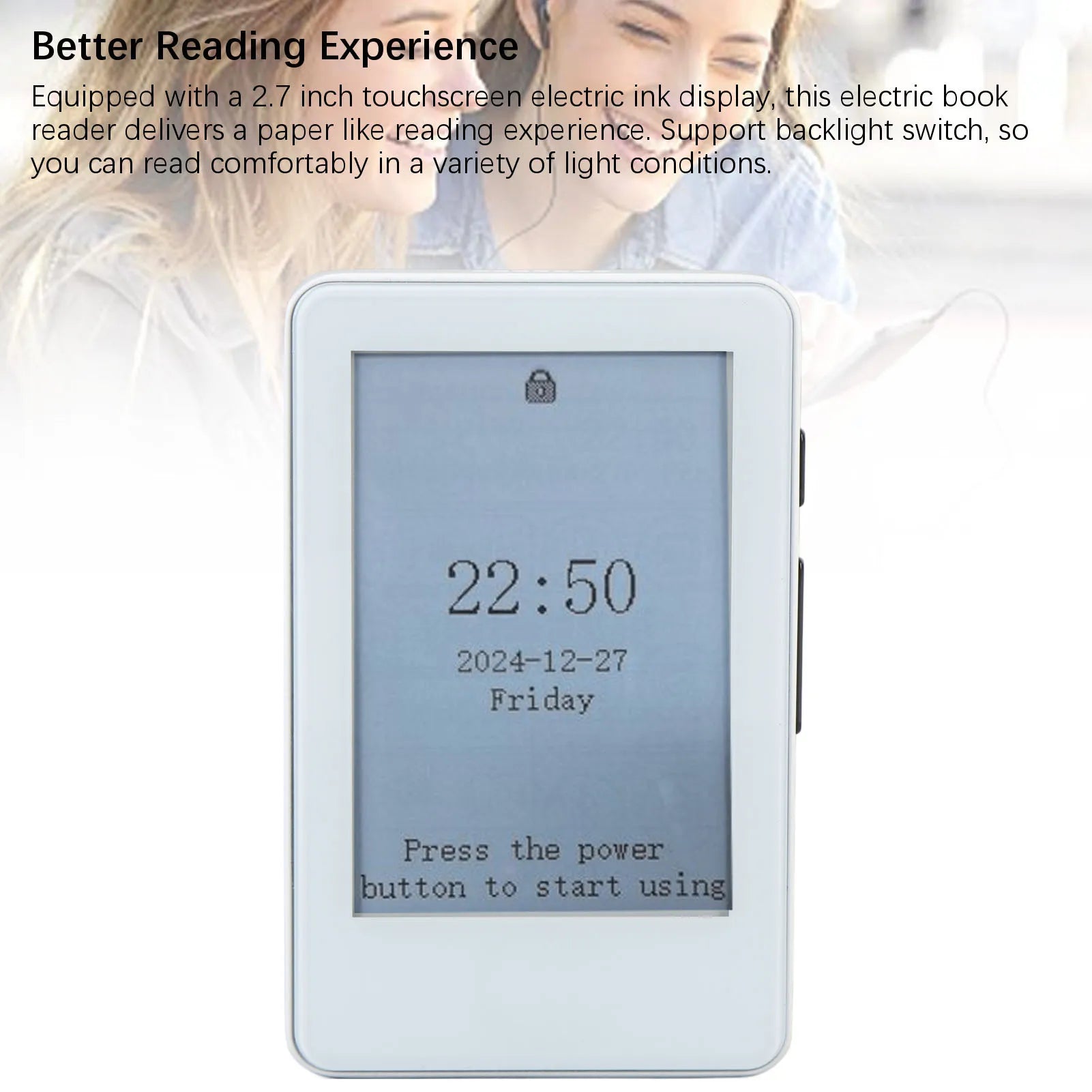 Electric book reader with touchscreen display on a white background