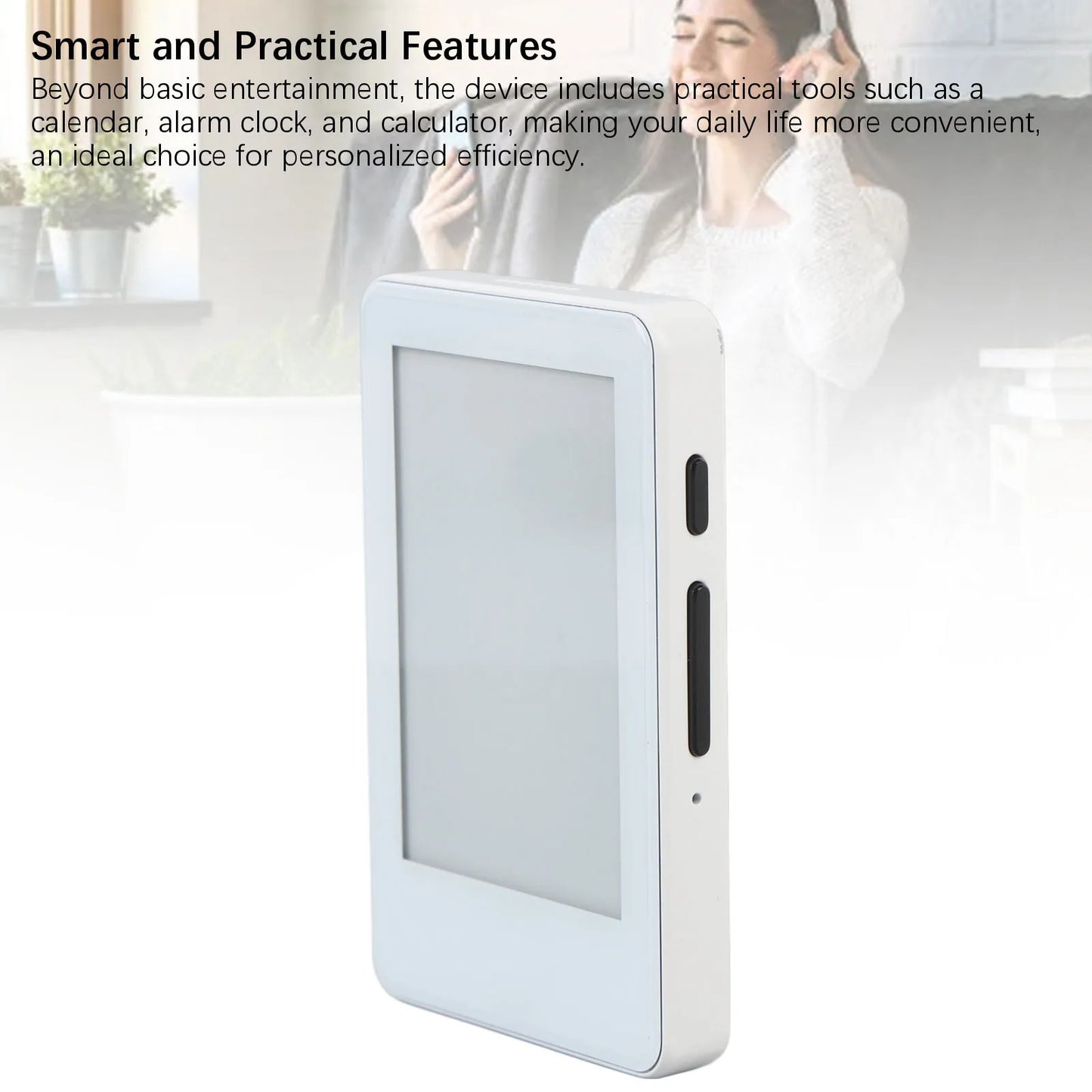 White electronic e-book digital reader with built in Bluetooth and MP3, showing screen and buttons over a white background.