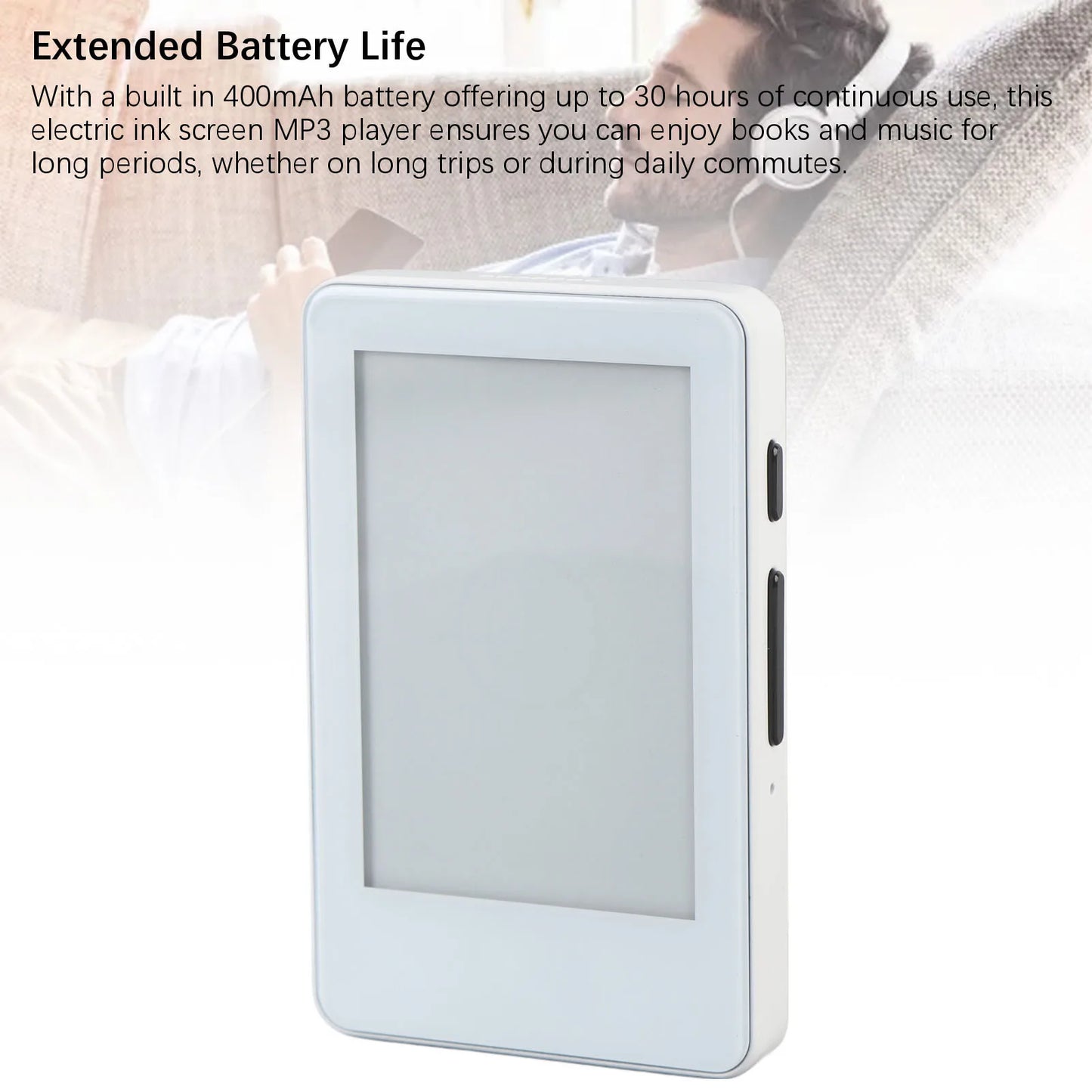 White electric ink screen e-book reading device with MP3 player and text about the extended battery life on a white background.