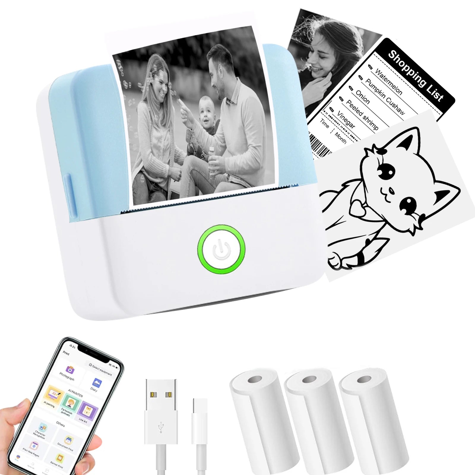 Portable photo printer with printed photos and accessories on a white background