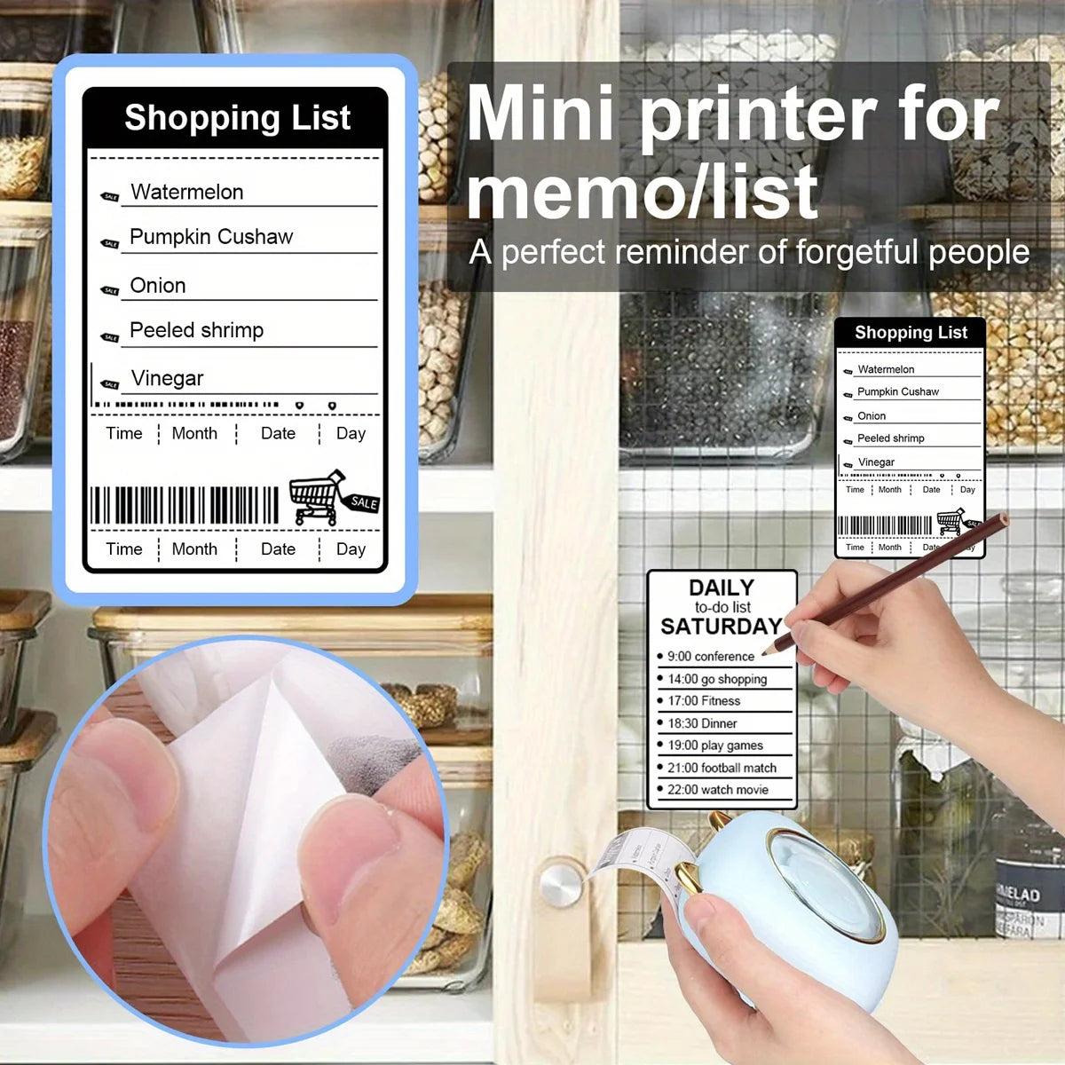 Mini printer for memo/list with shopping list and daily schedule examples.