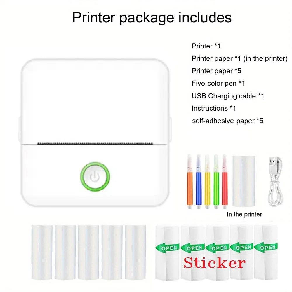 Printer package contents including printer, paper, pen, USB cable, and instructions on a white background.