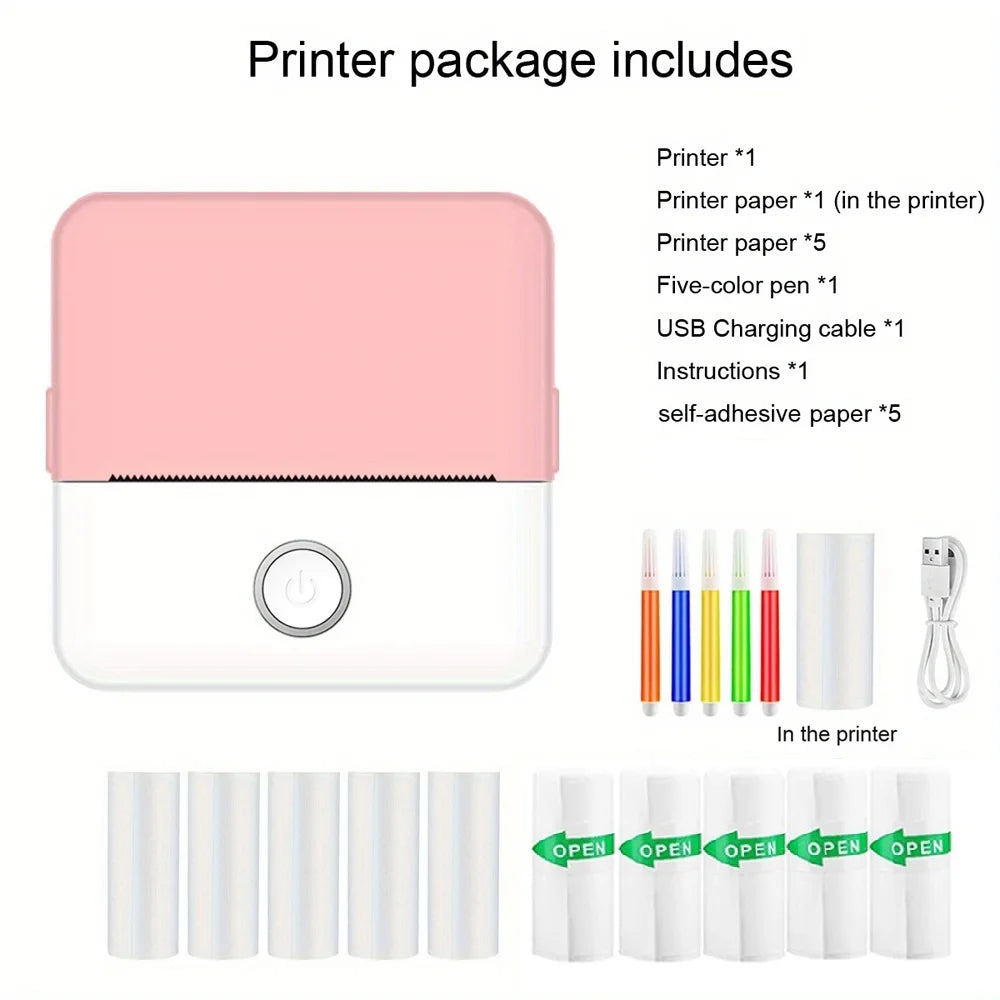 Printer package with printer, paper, pen, and charging cable on a white background