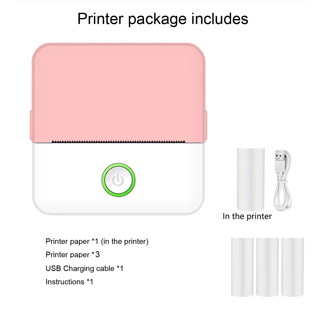 Pink and white portable printer with included items listed on a white background