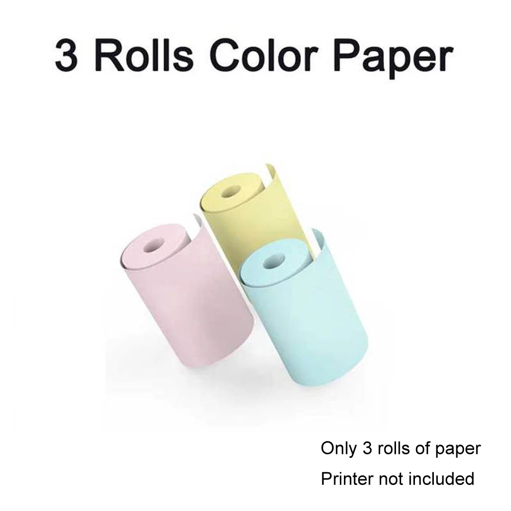 Three rolls of color paper in pastel colors with a holder on a white background.