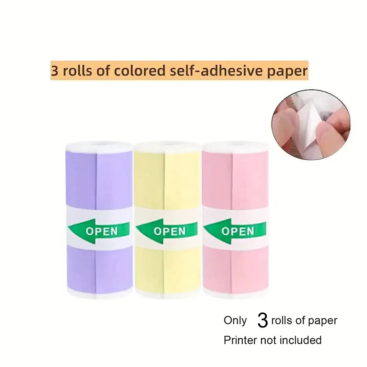 Three rolls of colored self-adhesive paper with 'OPEN' labels on a white background.