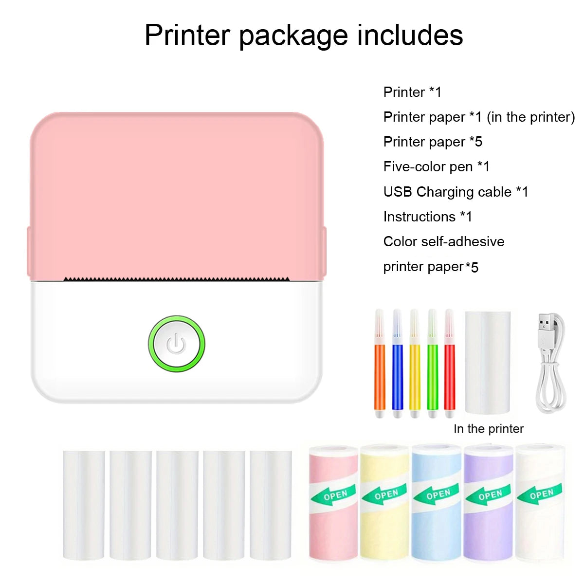 Printer package with printer, paper, pen, and charging cable on a white background