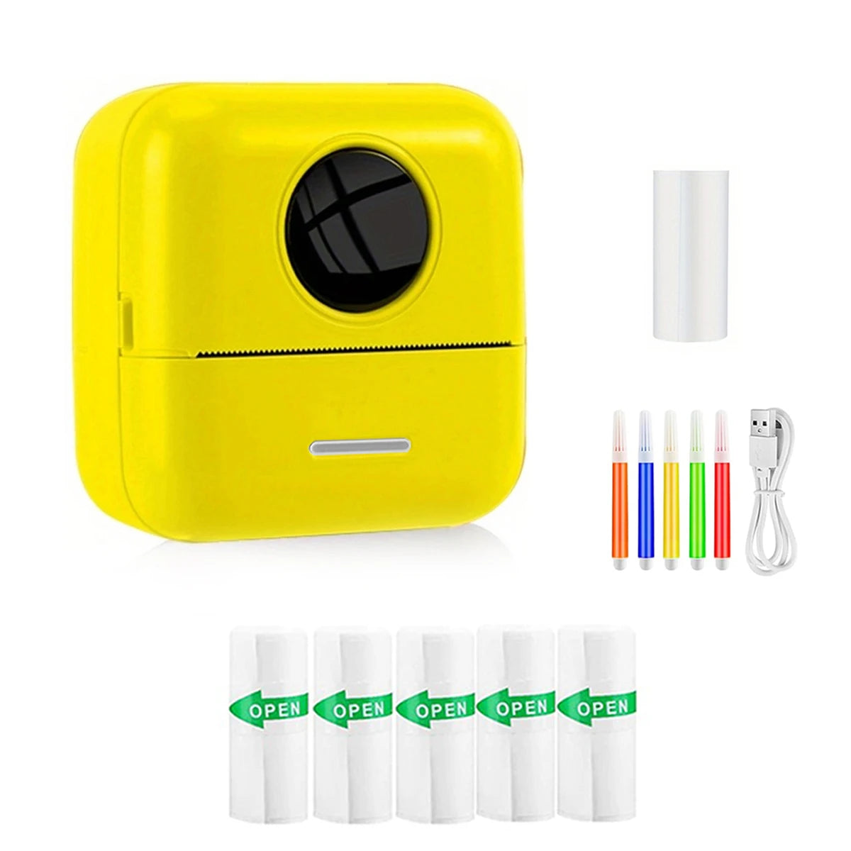 Yellow mini inkless pocket printer with accessories on a white background