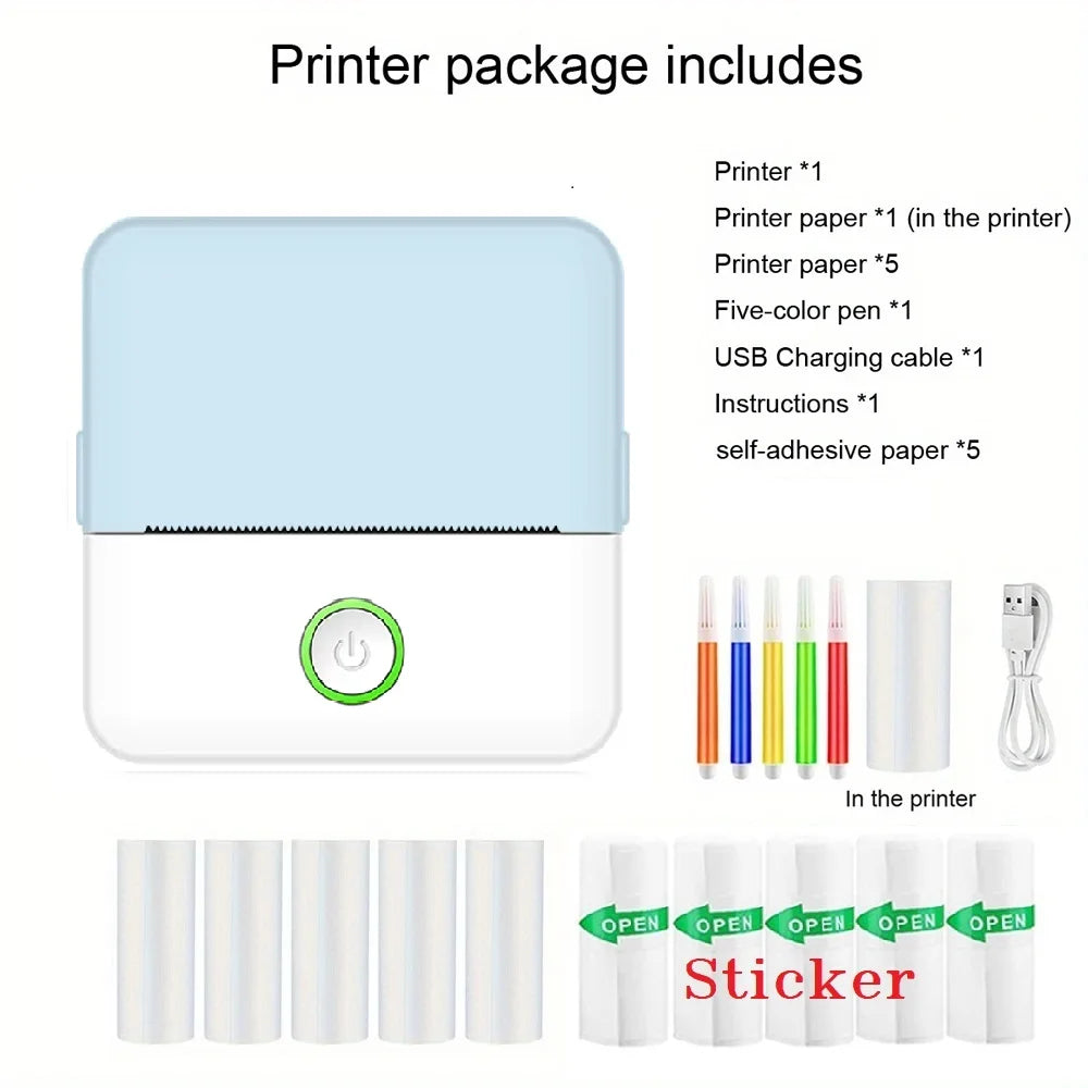 Printer package with printer, paper, pen, and other components on a white background