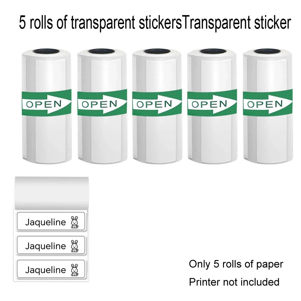 Five rolls of transparent stickers with 'OPEN' labels on a white background.
