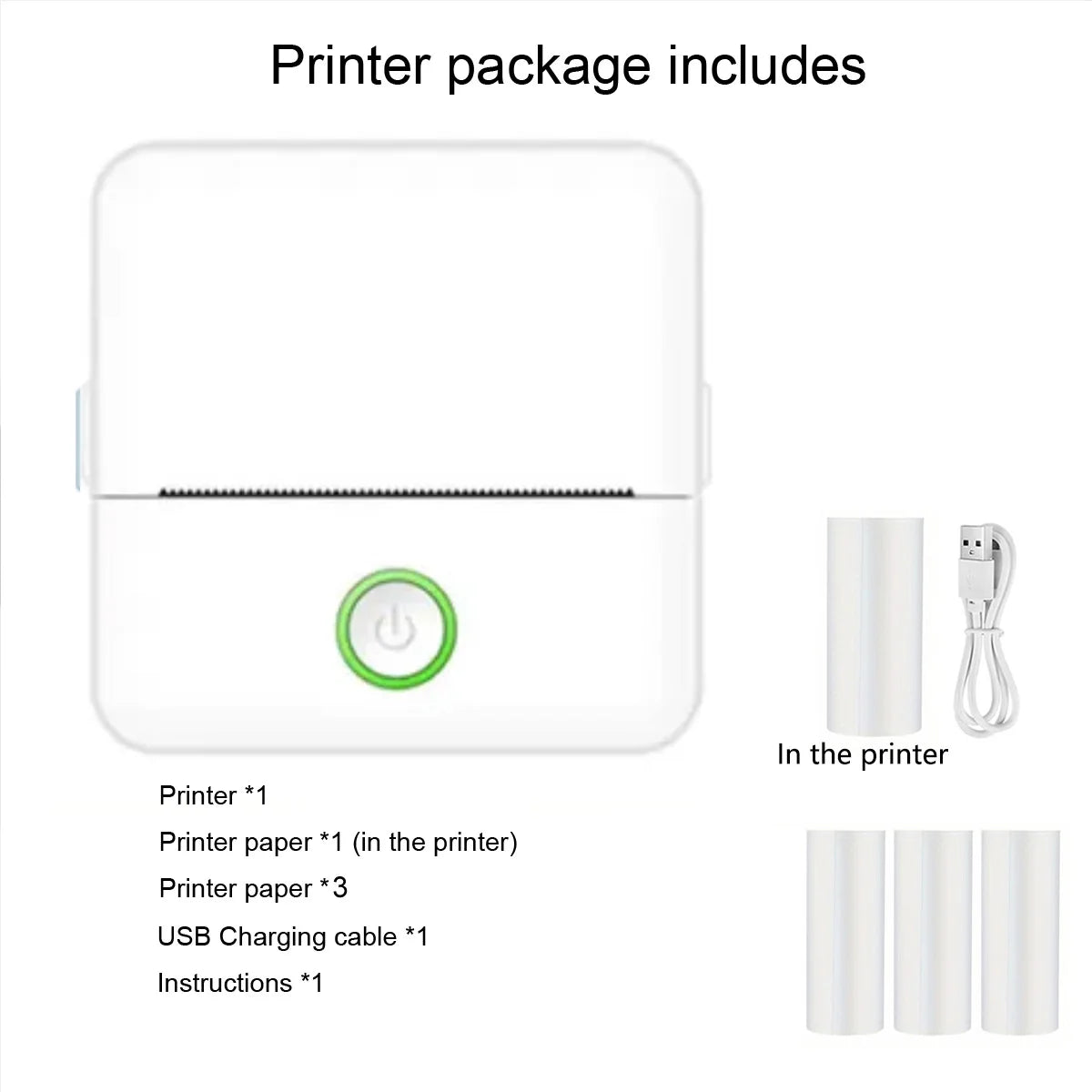 Printer package contents including printer, paper, USB cable, and instructions on a white background.