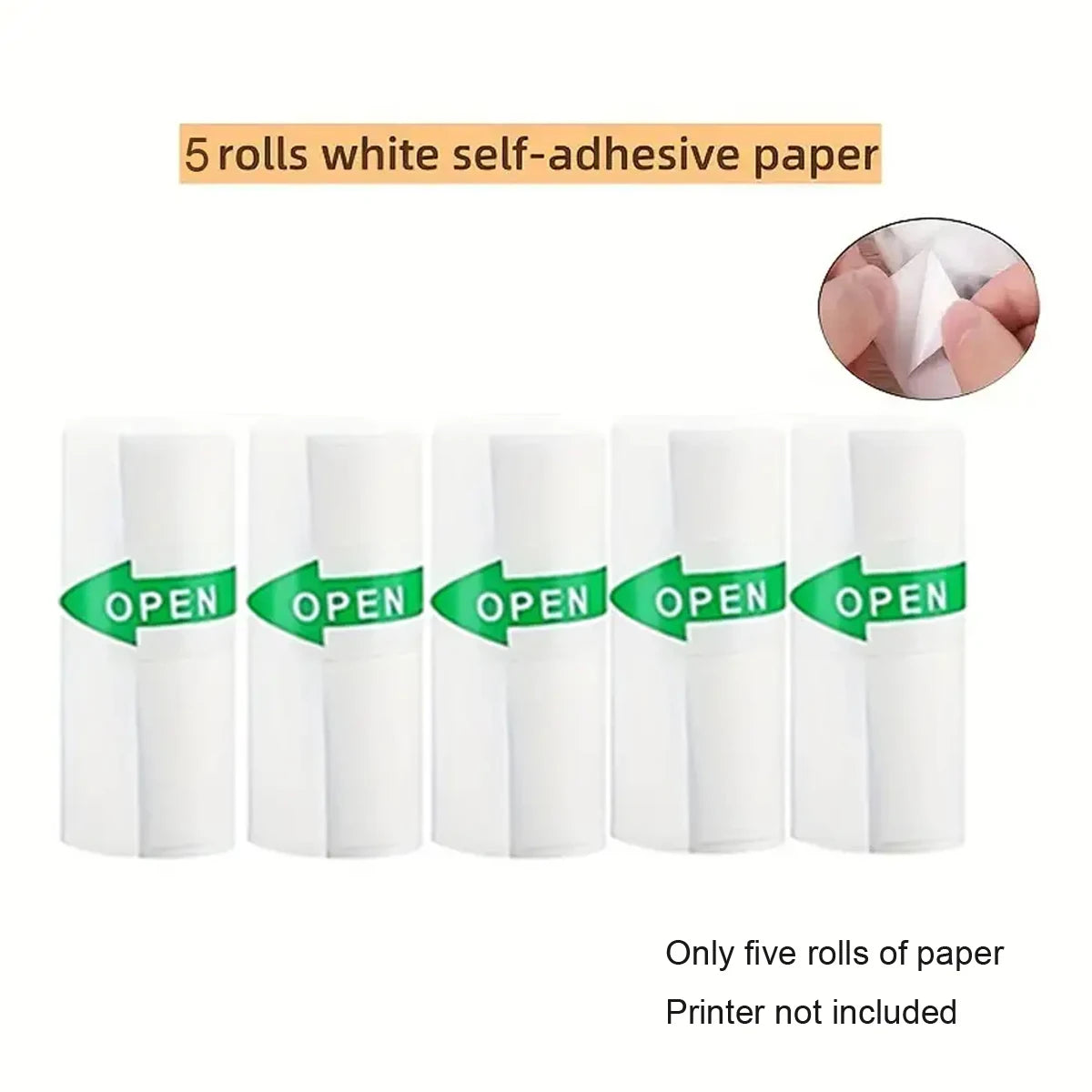 Five rolls of white self-adhesive paper with green 'OPEN' labels on a white background.