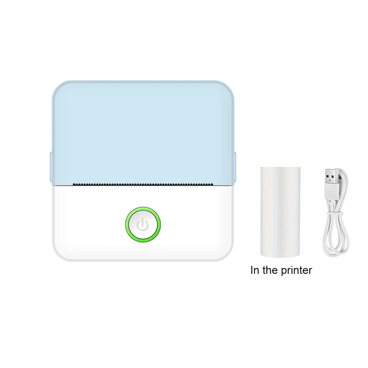 Small printer with power button and accessories on a white background