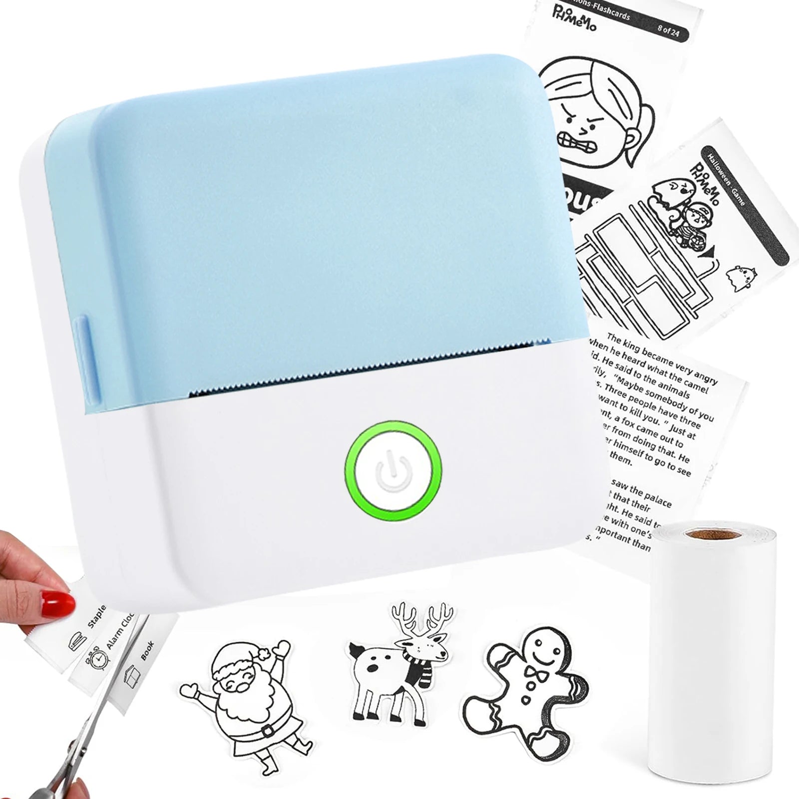 Children's coloring book with a blue cover, featuring printed pictures of Santa Claus, a cow, and a gingerbread man.