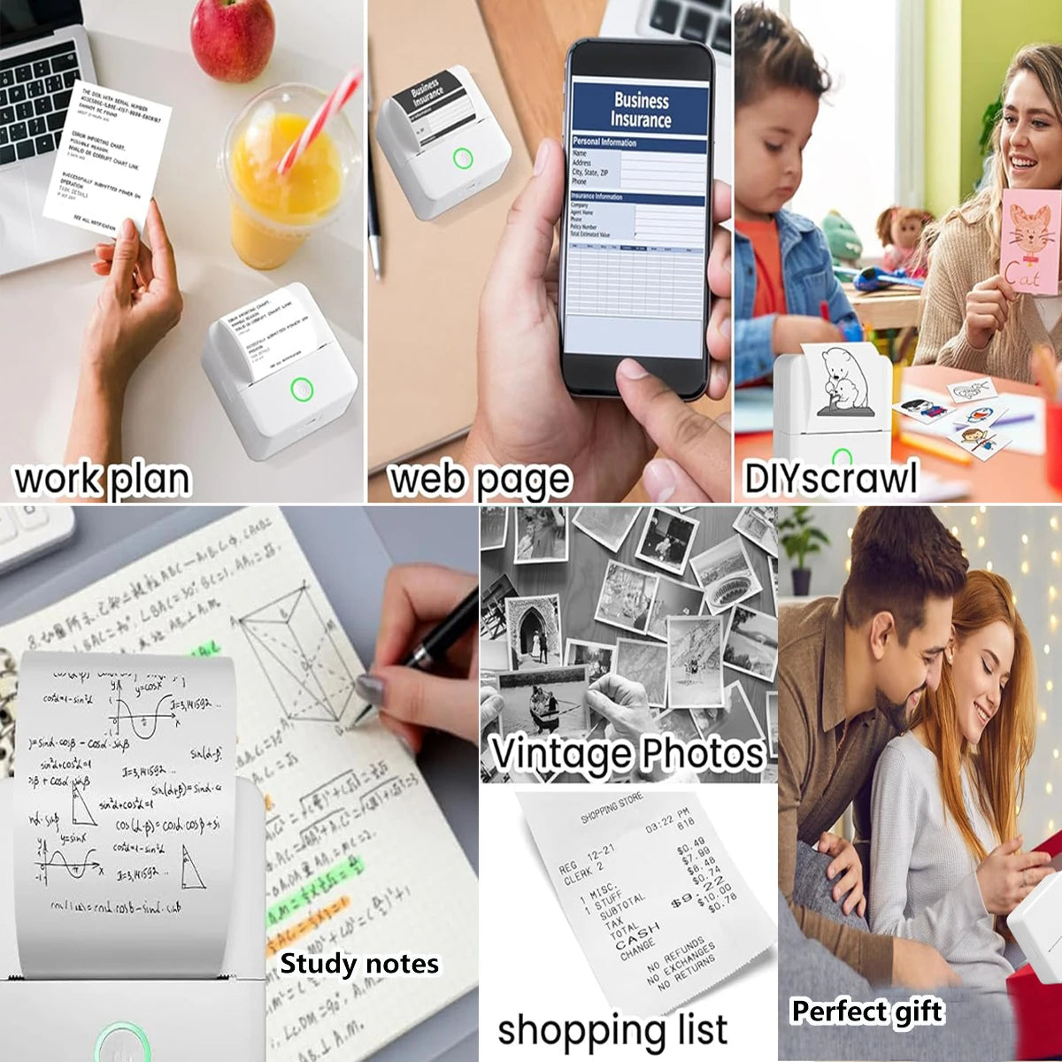 Collage of various images including work plan, web page, DIY scrawl, vintage photos, study notes, shopping list, and a couple with a gift.