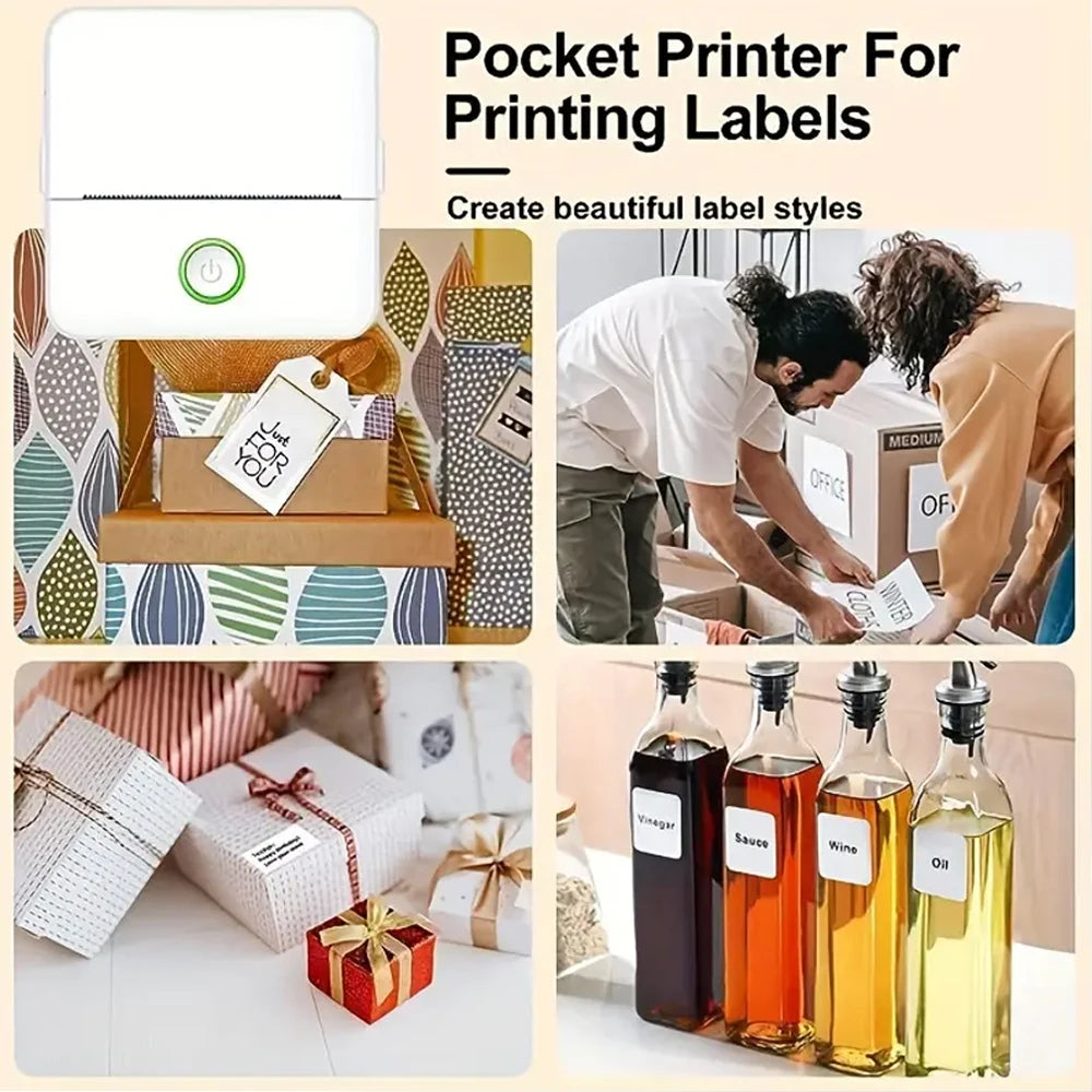Collage of a pocket printer for labels with people using it and examples of label application.