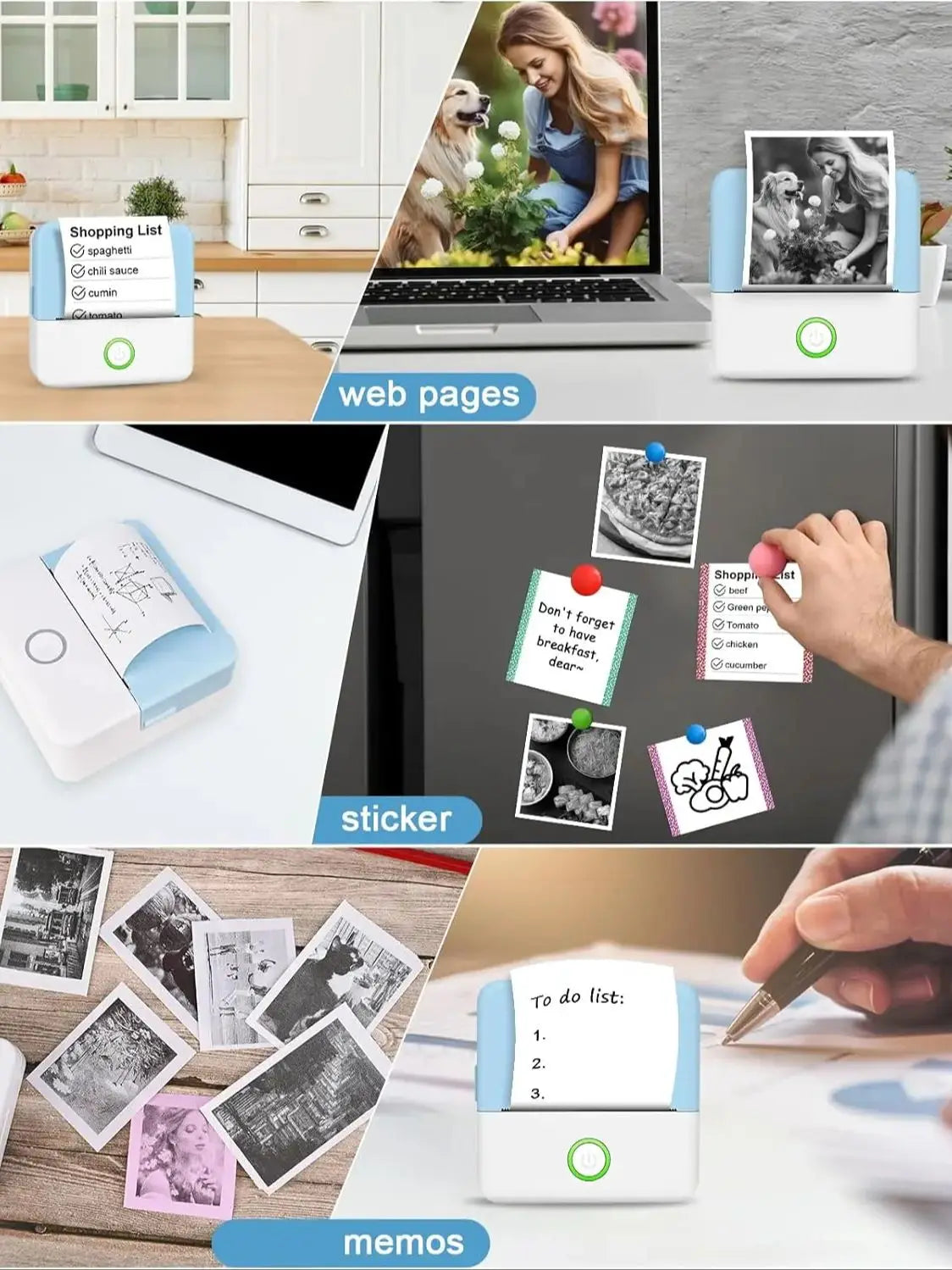 Collage of a small printer and its uses including printing from a computer, creating stickers, and making memos.