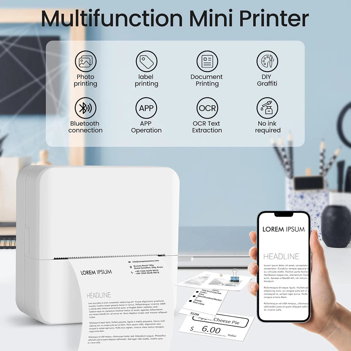 Multifunction mini printer with smartphone displaying text, office setting