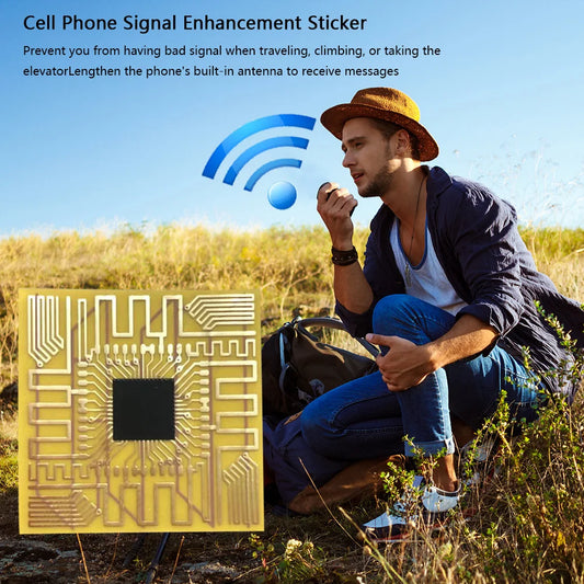 Man in a field with a cell phone signal enhancement sticker graphic