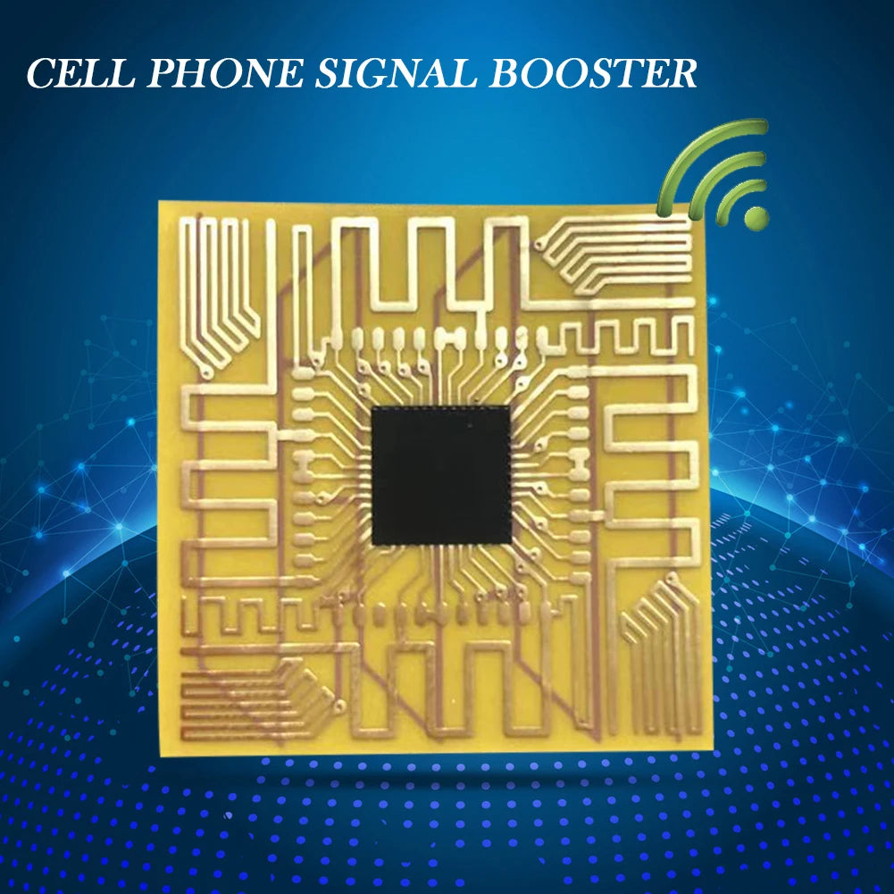 Circuit board with 'Cell Phone Signal Booster' text on a blue background