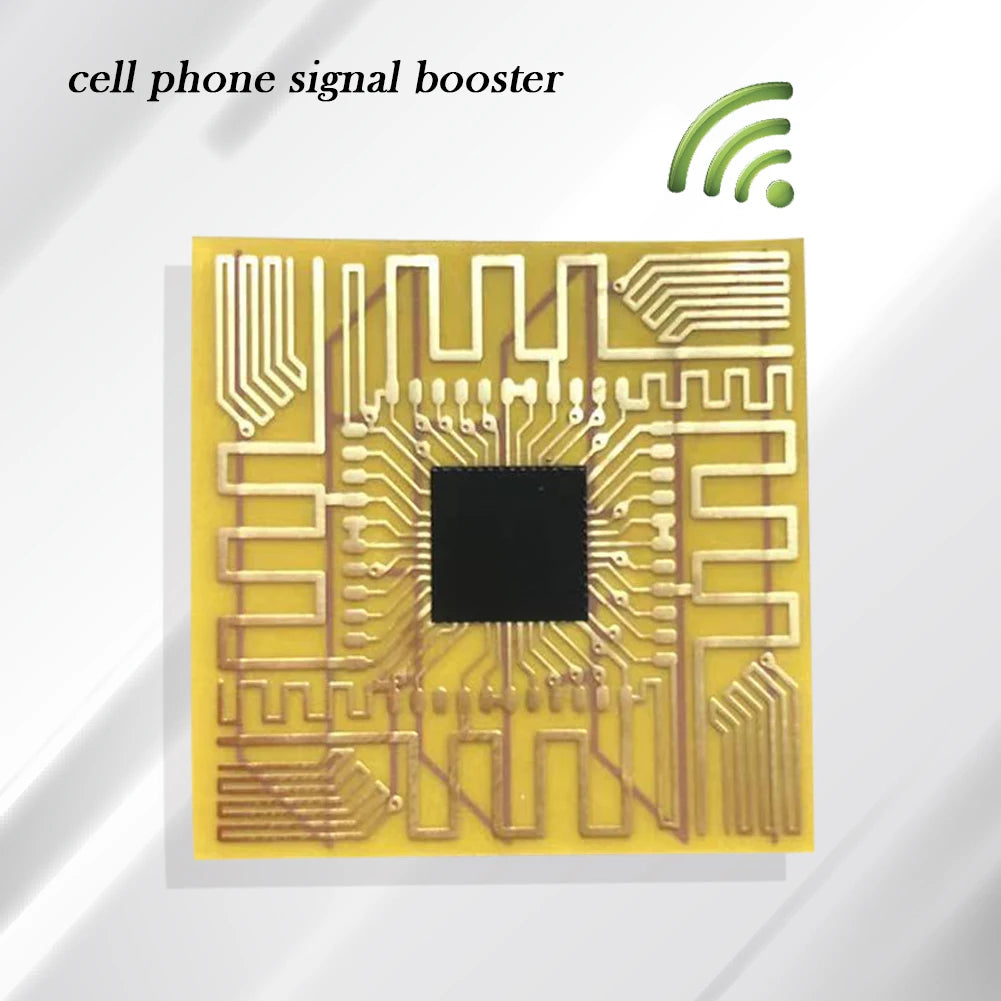 Electronic circuit board with a black chip on a yellow background, labeled 'cell phone signal booster'.