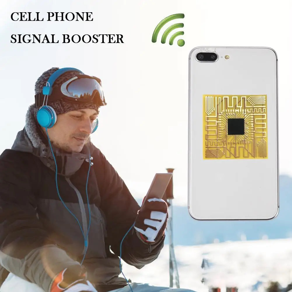 Person in winter gear using a phone with a cell phone signal booster graphic overlay.