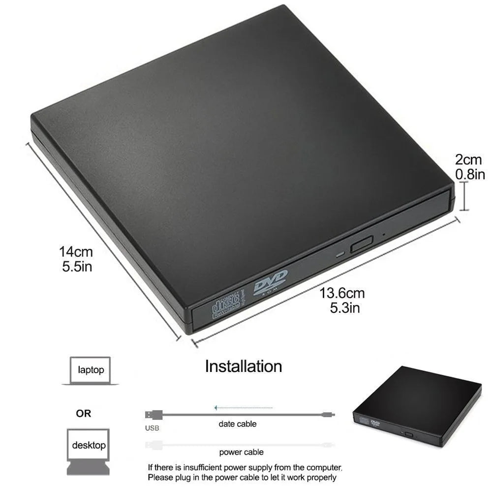 Black external DVD drive with dimensions and installation instructions on a white background