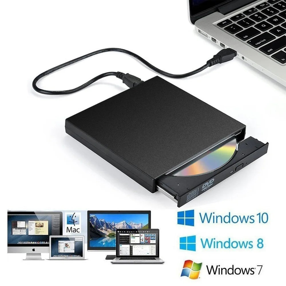 External DVD drive connected to a laptop with Windows operating system logos displayed.
