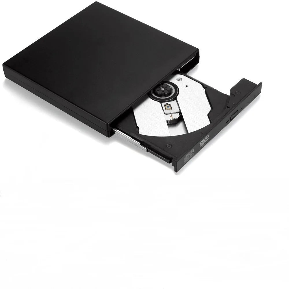 Black external DVD drive on a white background