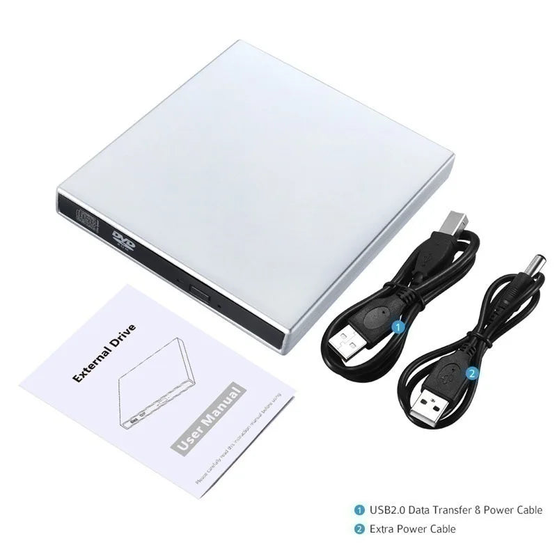 External CD and DVD drive with USB cable, power cable, and user manual on a white background