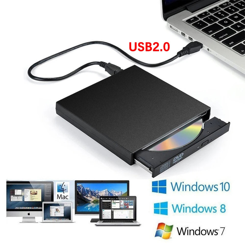 External DVD drive connected to a laptop with USB 2.0 cable, displayed on a white background.
