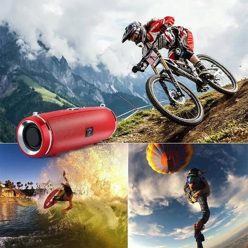 Action images of mountain biking, skydiving and surfing advertising the Power-Pill Waterproof Super-Speaker Long-Range Bluetooth Bass Blaster.