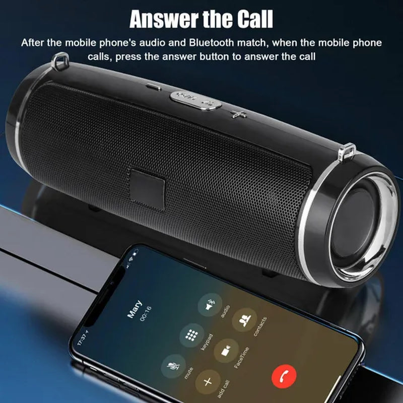 A waterproof portable speaker advertised with various features such as Bluetooth 5.1 connectivity, 360-degree surround sound, and a double horn for enhanced bass.