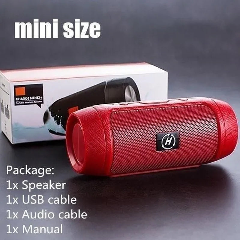 Red Power-Pill Waterproof Super-Speaker Long-Range Bluetooth Bass Blaster next to box with product features.