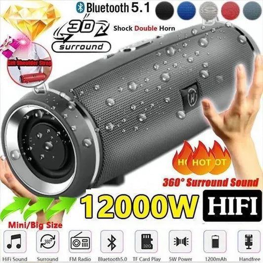 A waterproof portable speaker advertised with various features such as Bluetooth 5.1 connectivity, 360-degree surround sound, and a double horn for enhanced bass.