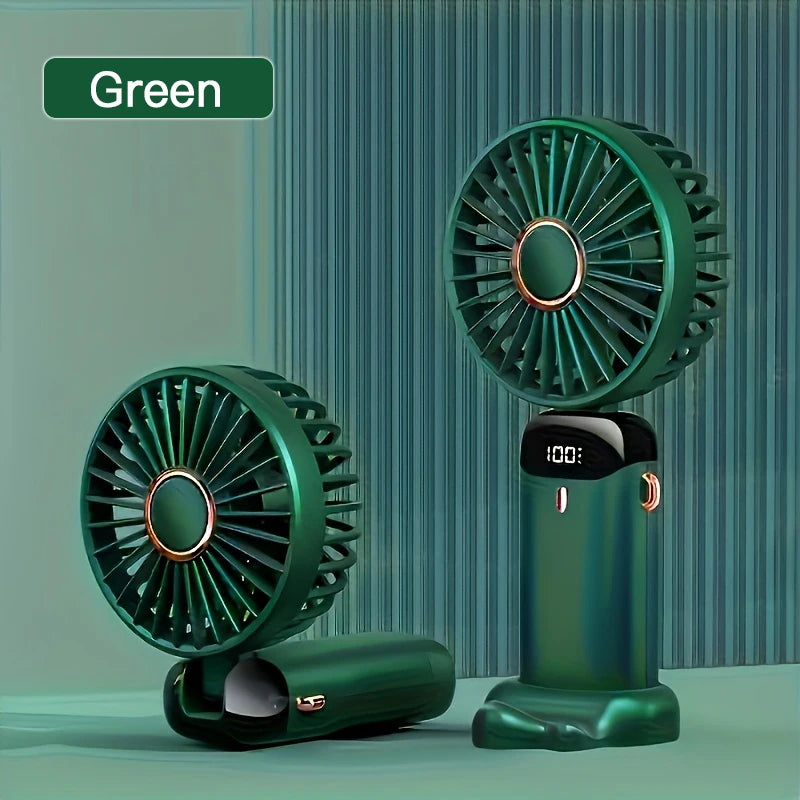 Green handheld fan with digital display on a green background