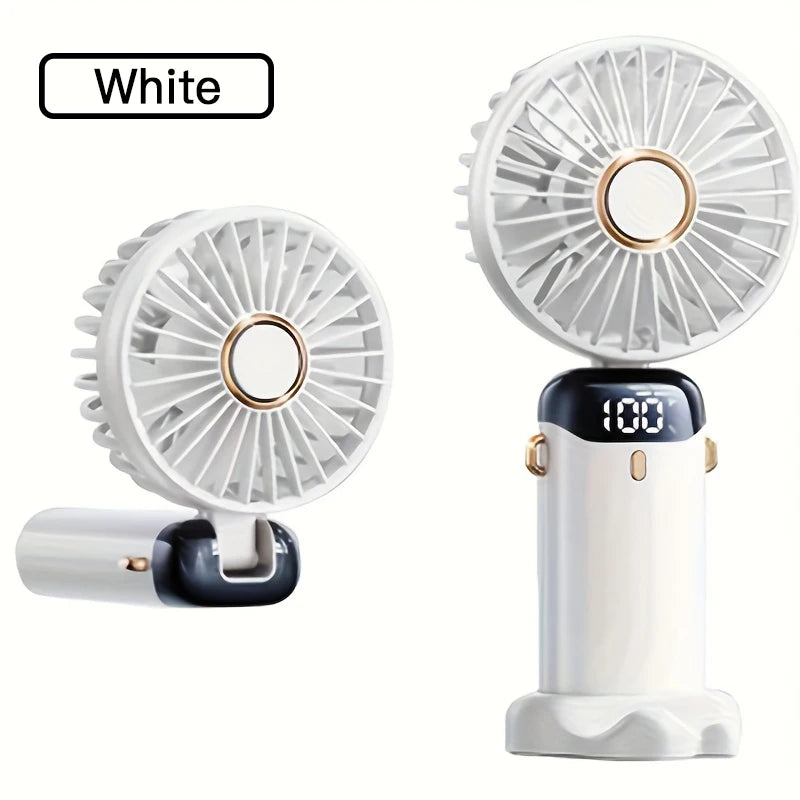 White handheld fan with car adapter on a white background