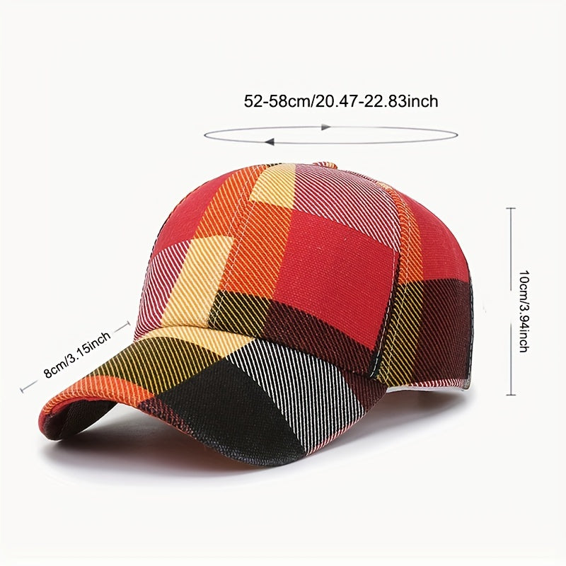 Multicolored checkered cap with size measurements on a white background