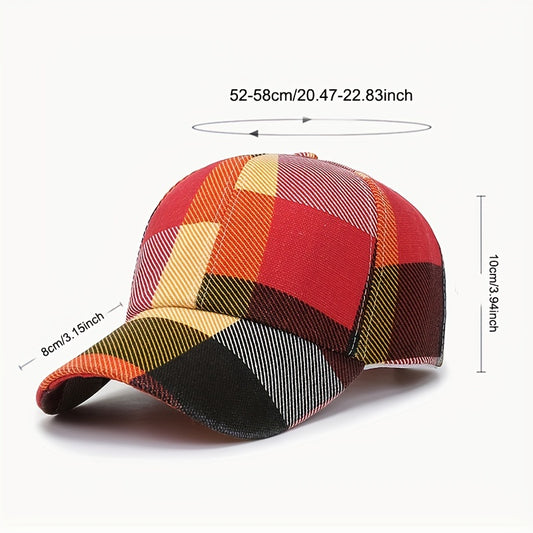 Multicolored checkered cap with size measurements on a white background
