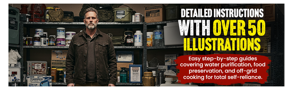 Promo for the book 'The Practical Prepper's Survival Bible' featuring a man standing in a shelter or stocked bunker with shelves stocked with supplies, promotional text about detailed instructions and illustrations.