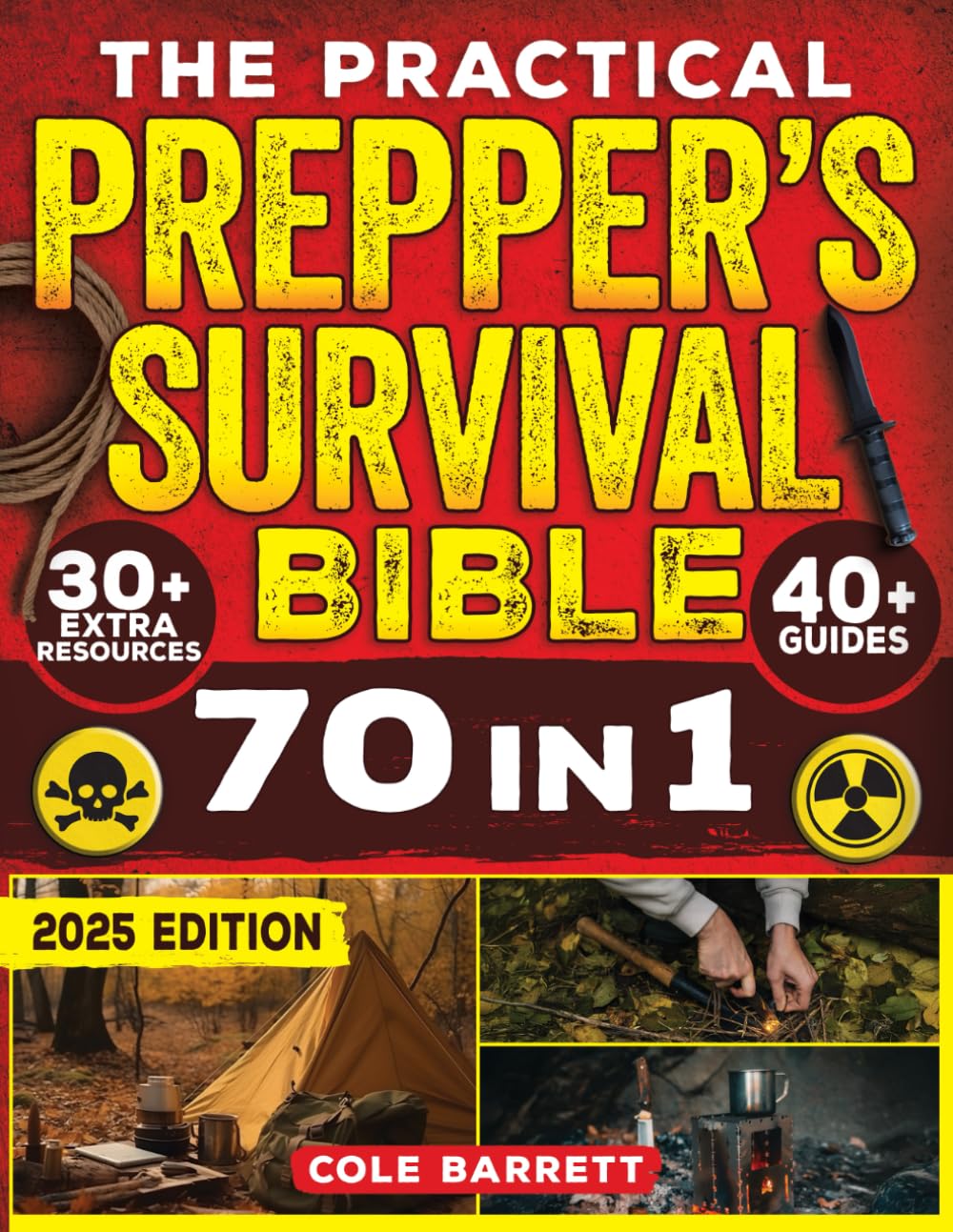 Book cover of 'The Practical Prepper's Survival Bible' with text and images of survival gear.
