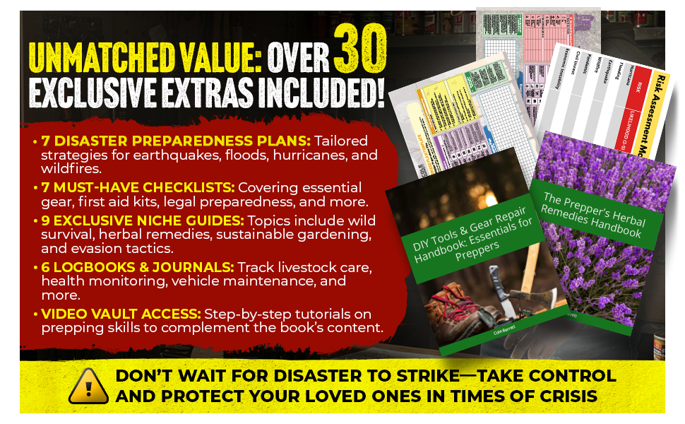 Promotional graphic for book 'The Practical Prepper's Survival Bible' featuring disaster preparedness books and text and related images.