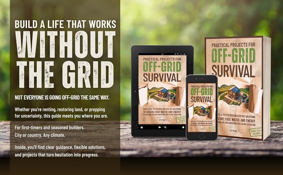 Books and digital device displaying 'Off-Grid Survival' guide with promotional text on a wooden surface.