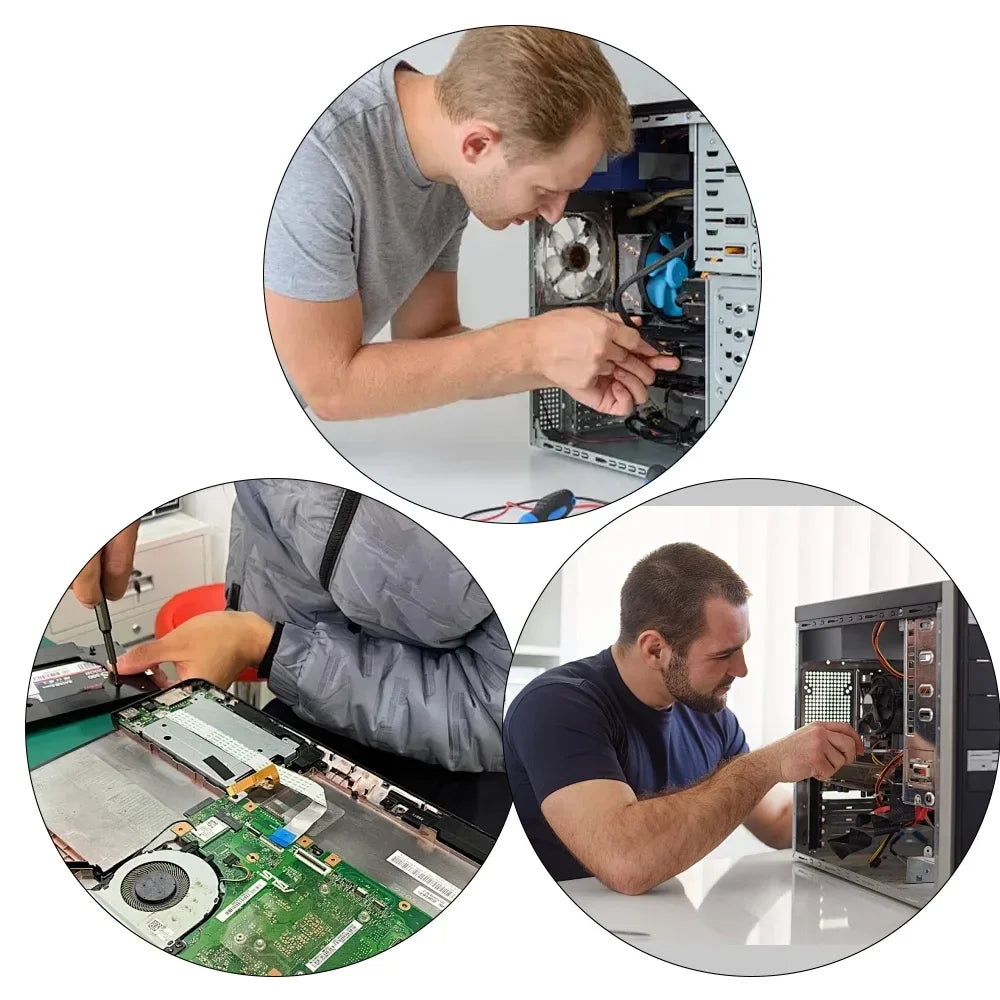 Action images of people using the organized bit tray tools and ergonomic handle of the 115-in-1 precision toolkit.