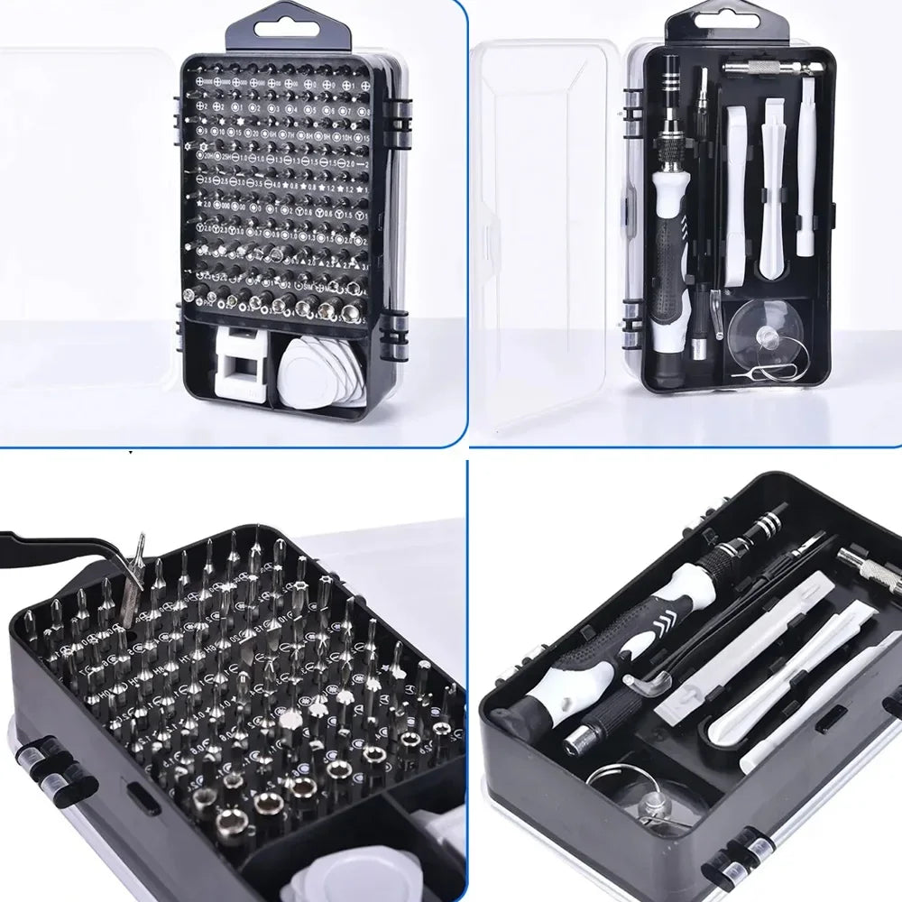 Close-up of the organized bit tray and ergonomic handle of the 115-in-1 precision toolkit.
