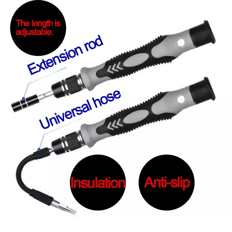 Close-up of the organized bit tray and ergonomic handle of the 115-in-1 precision toolkit, showcasing the extension rod with universal hose, labeled for features like adjustable length, insulation, and anti-slip, on a white background.