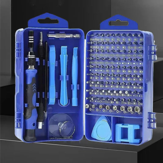 Complete 115-in-1 precision screwdriver set featuring 98 specialized bits and various pry tools for electronics repair.