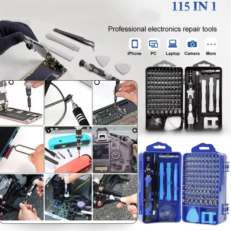 Complete 115-in-1 precision screwdriver set featuring 98 specialized bits and various pry tools for electronics repair.