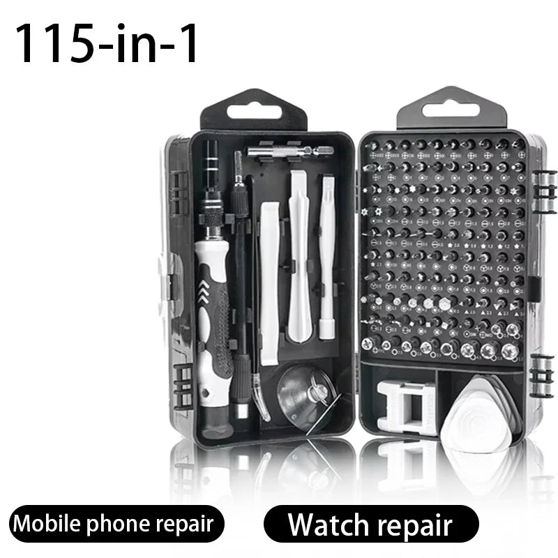 Close-up of the organized bit tray and ergonomic handle of the 115-in-1 precision toolkit.
