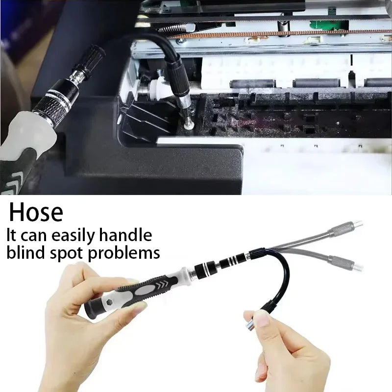 Close-up of the organized bit tray and ergonomic handle of the 115-in-1 precision toolkit.